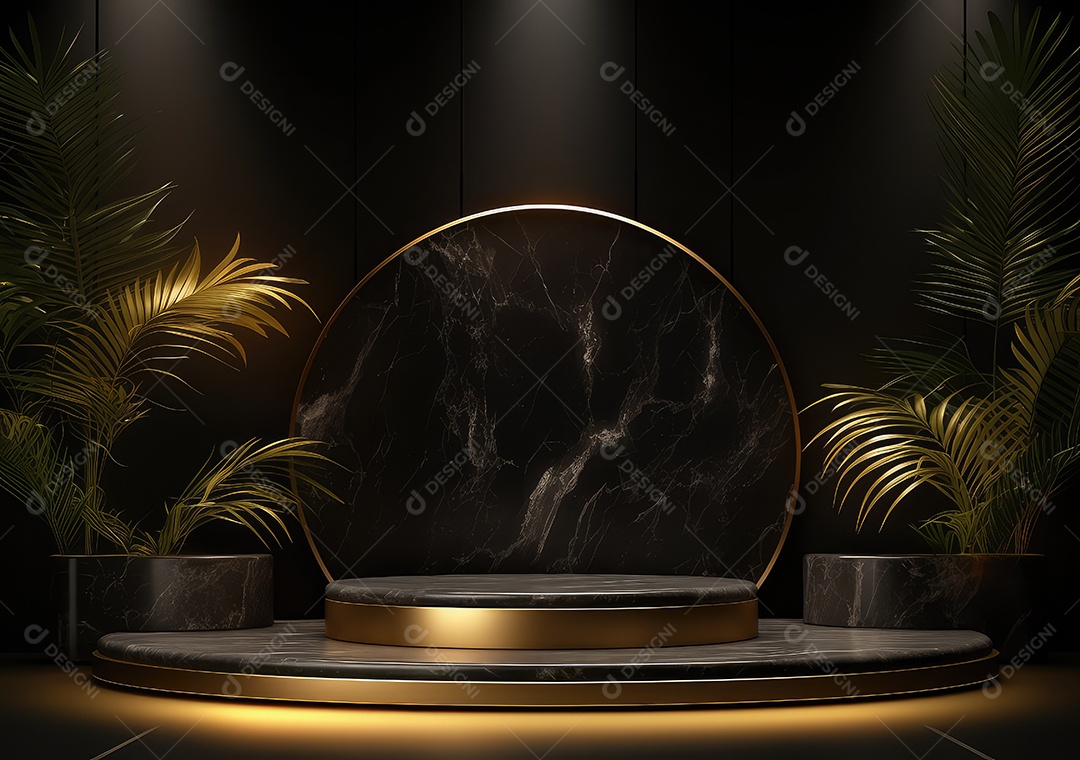 Pódio preto e dourado com folha para decoração de produtos adequados. IA Gerativa