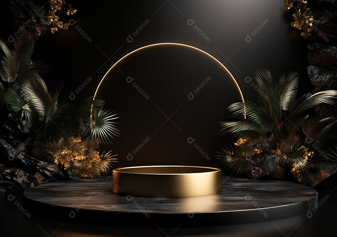Pódio preto e dourado com folha para decoração de produtos adequados. IA Gerativa