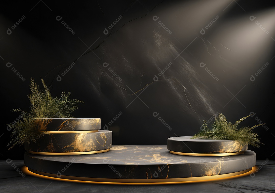 Pódio preto e dourado com folha para decoração de produtos adequados. IA Gerativa