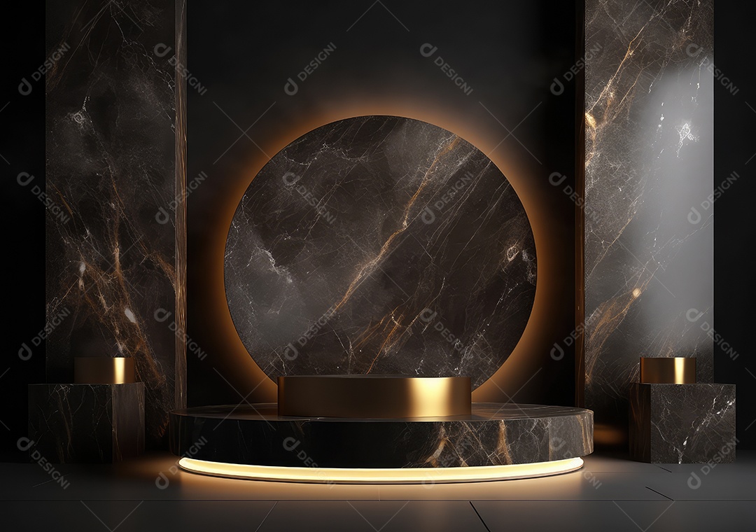 Pódio preto e dourado com folha para decoração de produtos adequados. IA Gerativa