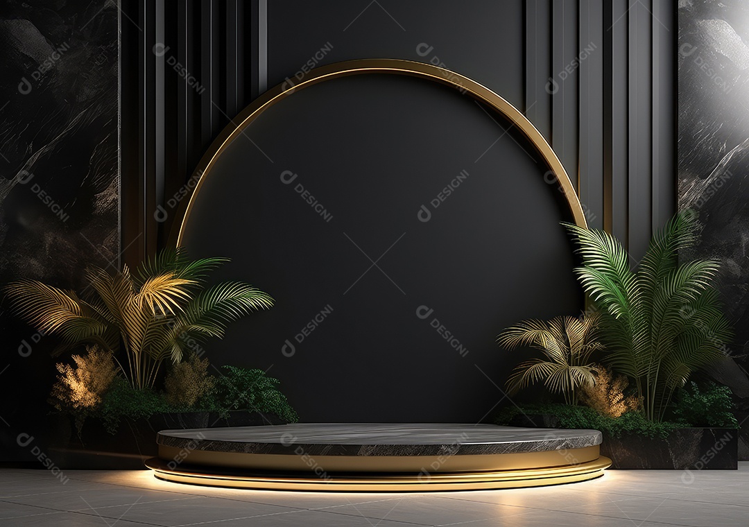 Pódio preto e dourado com folha para decoração de produtos adequados. IA Gerativa