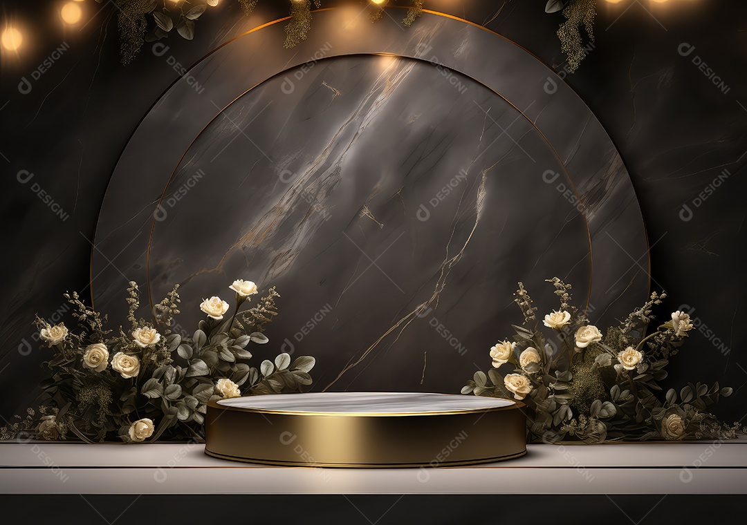 Pódio preto e dourado com folha para decoração de produtos adequados. IA Gerativa