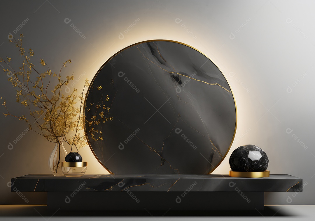 Pódio preto e dourado com folha para decoração de produtos adequados. IA Gerativa