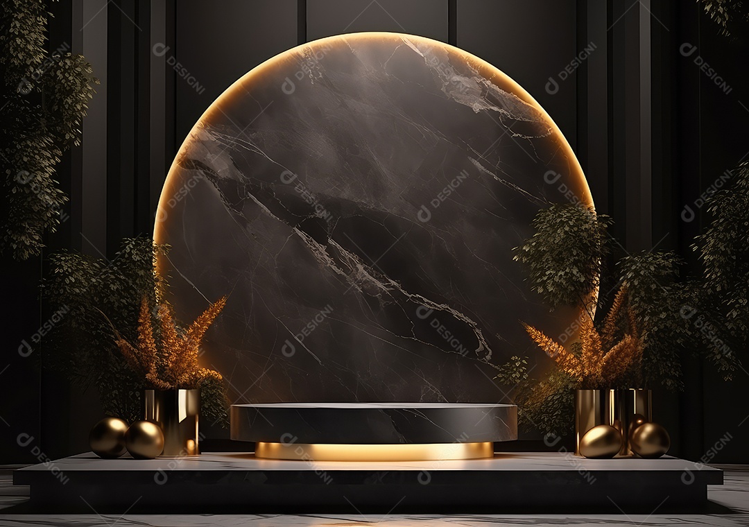 Pódio preto e dourado com folha para decoração de produtos adequados. IA Gerativa
