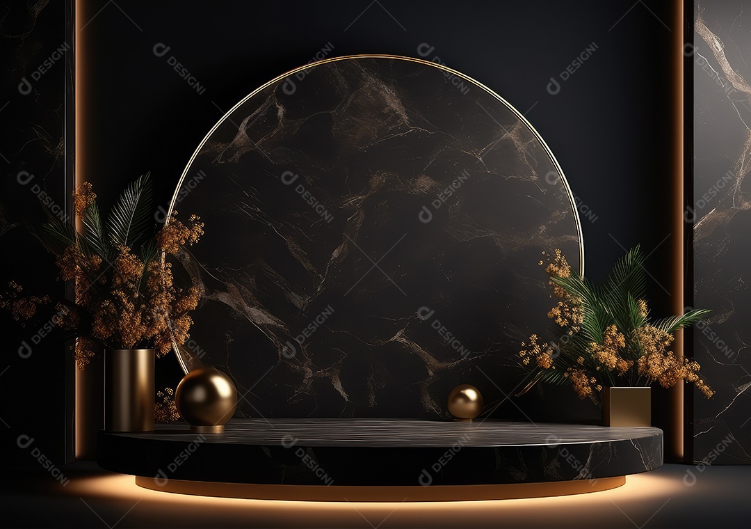 Pódio preto e dourado com folha para decoração de produtos adequados. IA Gerativa