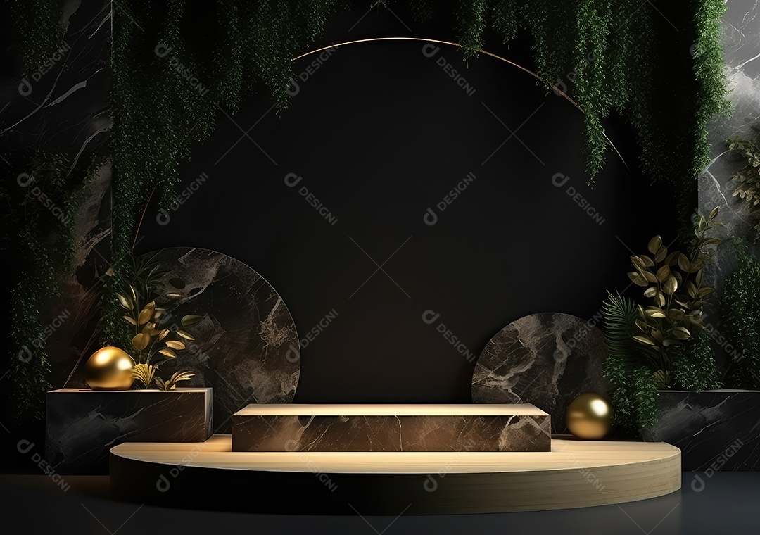 Pódio preto e dourado com folha para decoração de produtos adequados. IA Gerativa