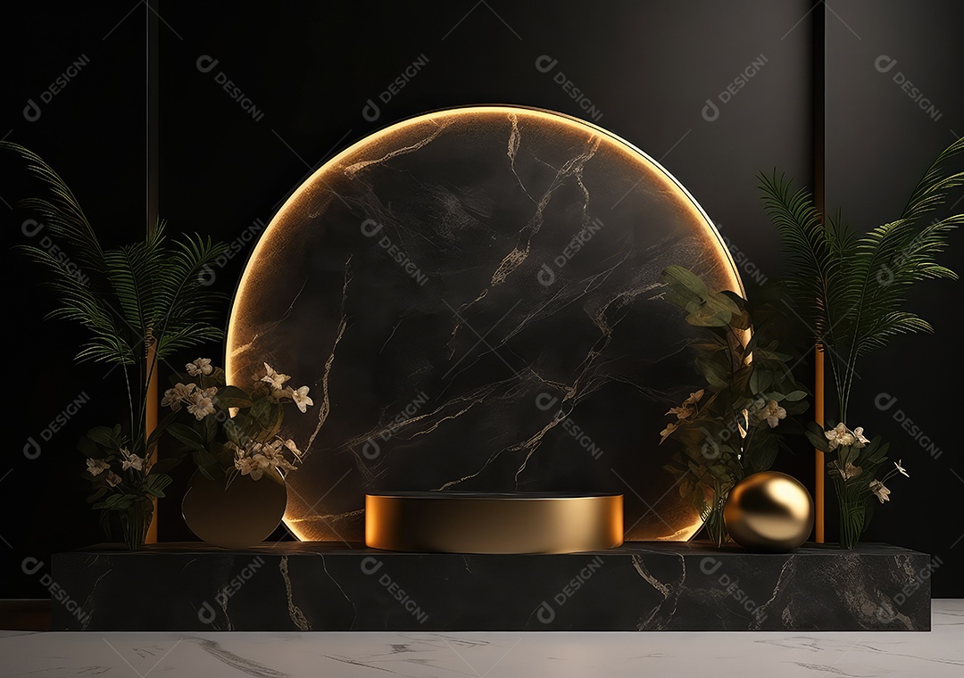 Pódio preto e dourado com folha para decoração de produtos adequados. IA Gerativa