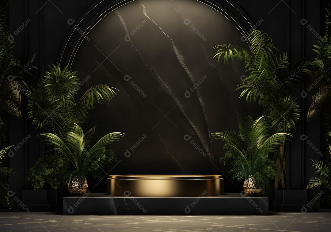 Pódio preto e dourado com folha para decoração de produtos adequados. IA Gerativa