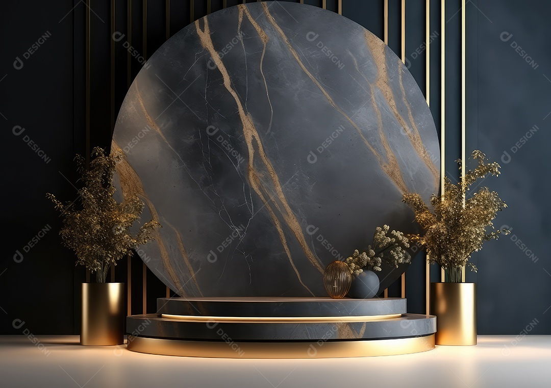 Pódio preto e dourado com folha para decoração de produtos adequados. IA Gerativa