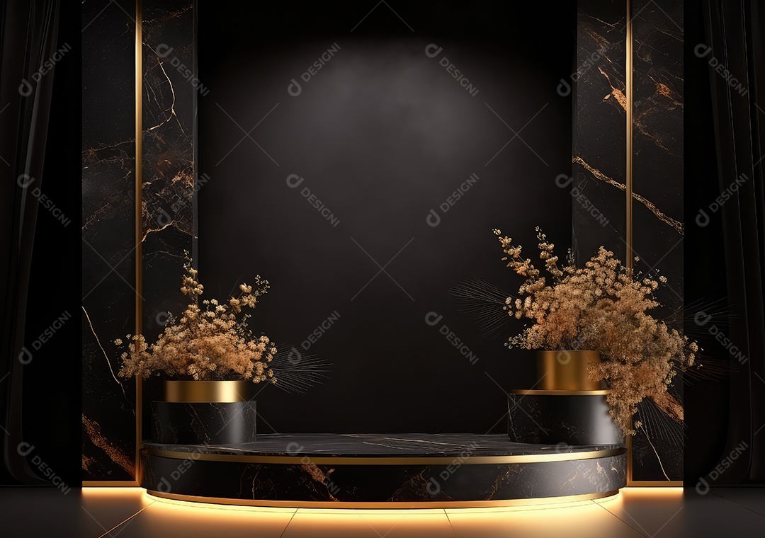 Pódio preto e dourado com folha para decoração de produtos adequados. IA Gerativa