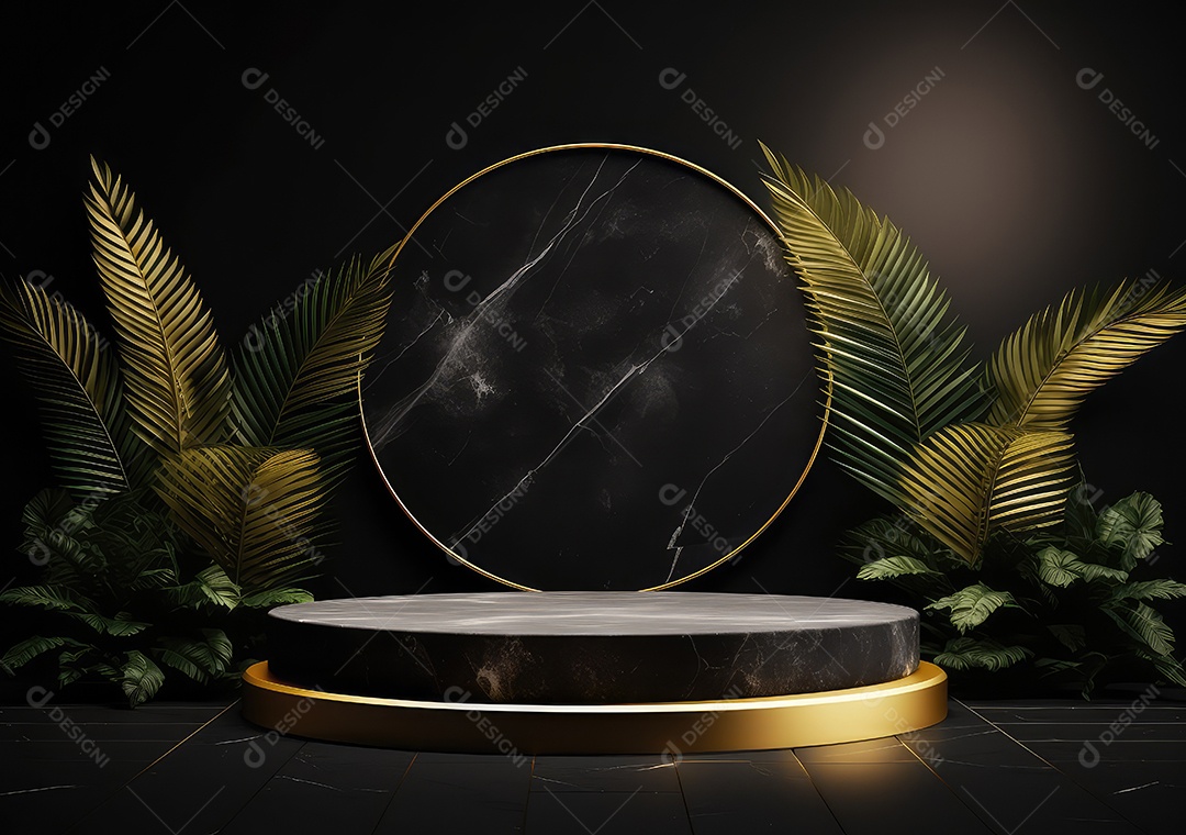 Pódio preto e dourado com folha para decoração de produtos adequados. IA Gerativa