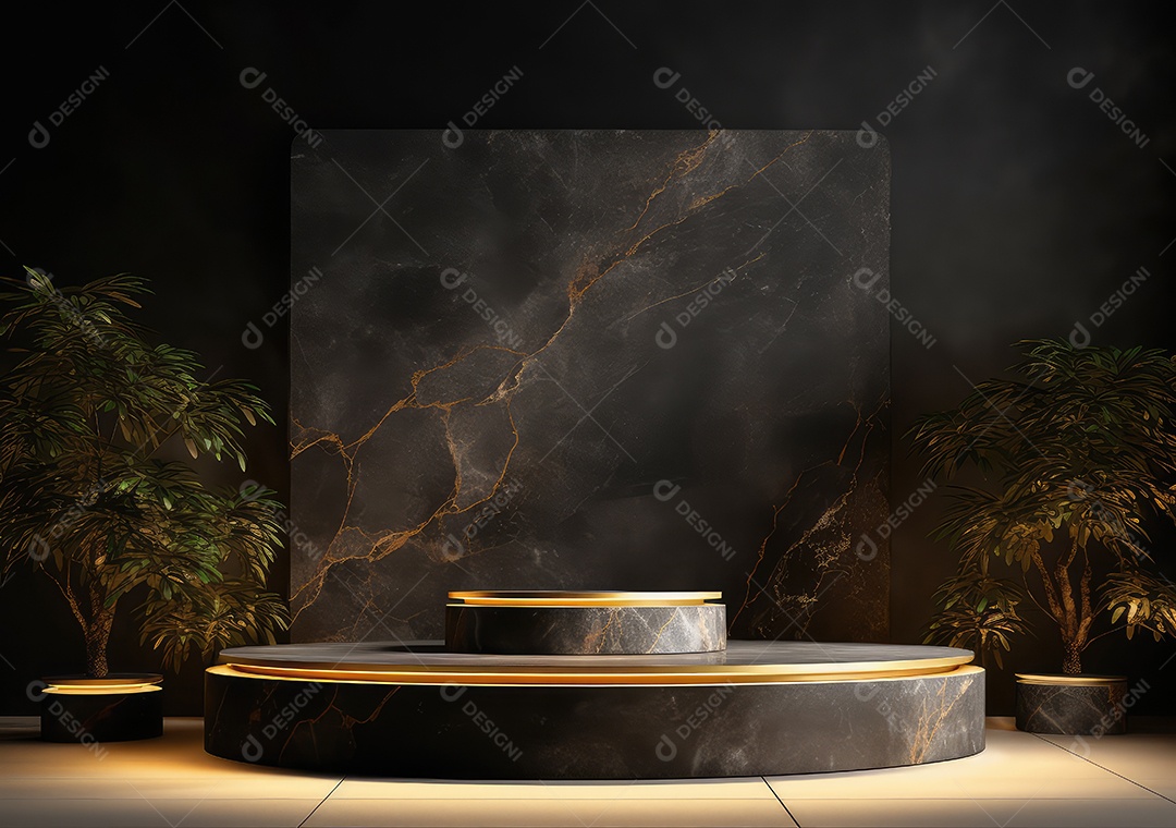 Pódio preto e dourado com folha para decoração de produtos adequados. IA Gerativa