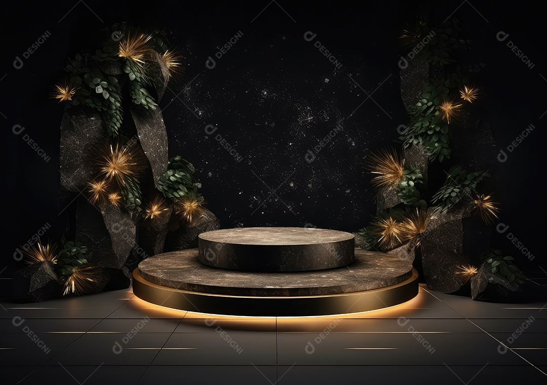 Pódio preto e dourado com folha para decoração de produtos adequados. IA Gerativa