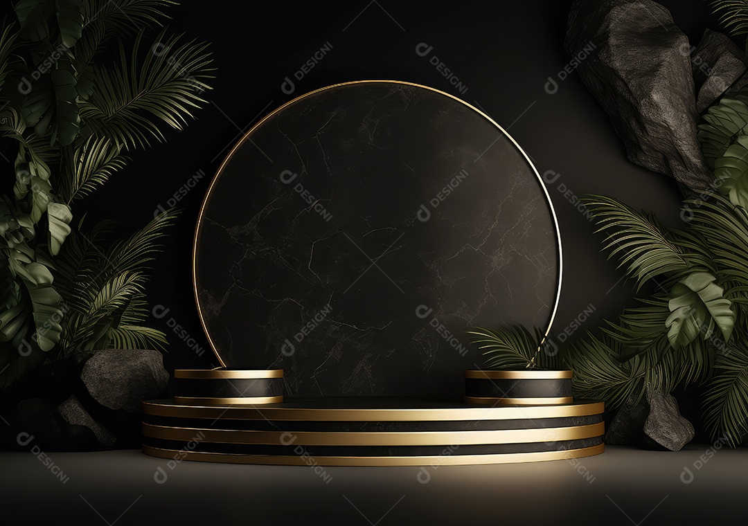 Pódio preto e dourado com folha para decoração de produtos adequados. IA Gerativa