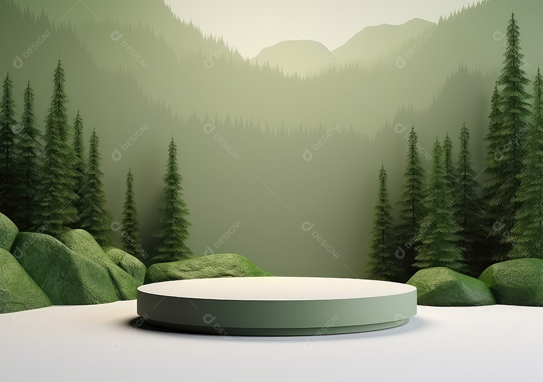 Exposição de produto de palco de pódio redondo de cerâmica 3D com fundo de paisagem de cenário natural. IA Gerativa