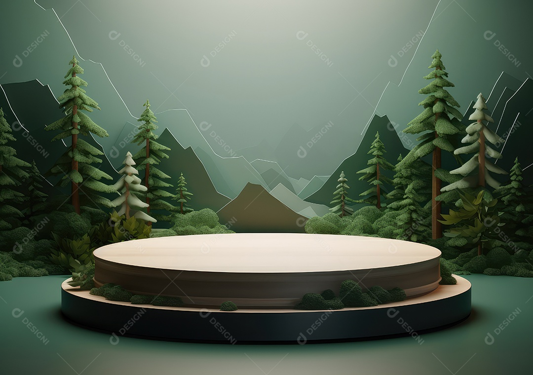 Exposição de produto de palco de pódio redondo de cerâmica 3D com fundo de paisagem de cenário natural. IA Gerativa