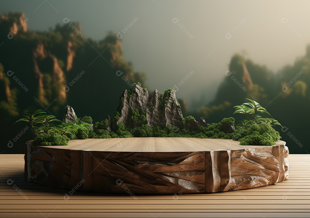 Exposição de produto de palco de pódio redondo de cerâmica 3D com fundo de paisagem de cenário natural. IA Gerativa