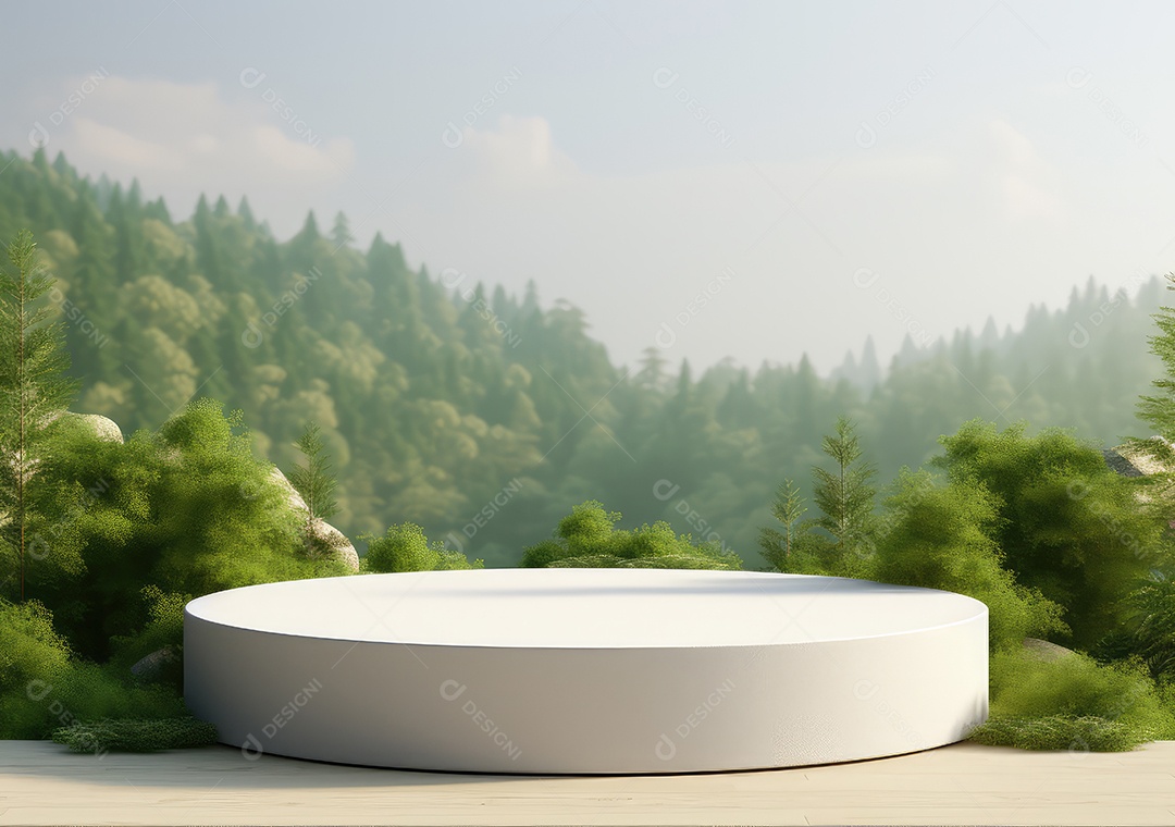 Exposição de produto de palco de pódio redondo de cerâmica 3D com fundo de paisagem de cenário natural. IA Gerativa