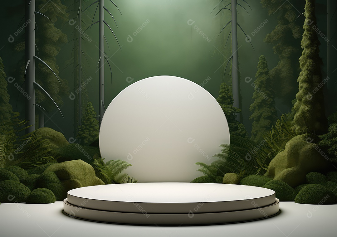 Exposição de produto de palco de pódio redondo de cerâmica 3D com fundo de paisagem de cenário natural. IA Gerativa