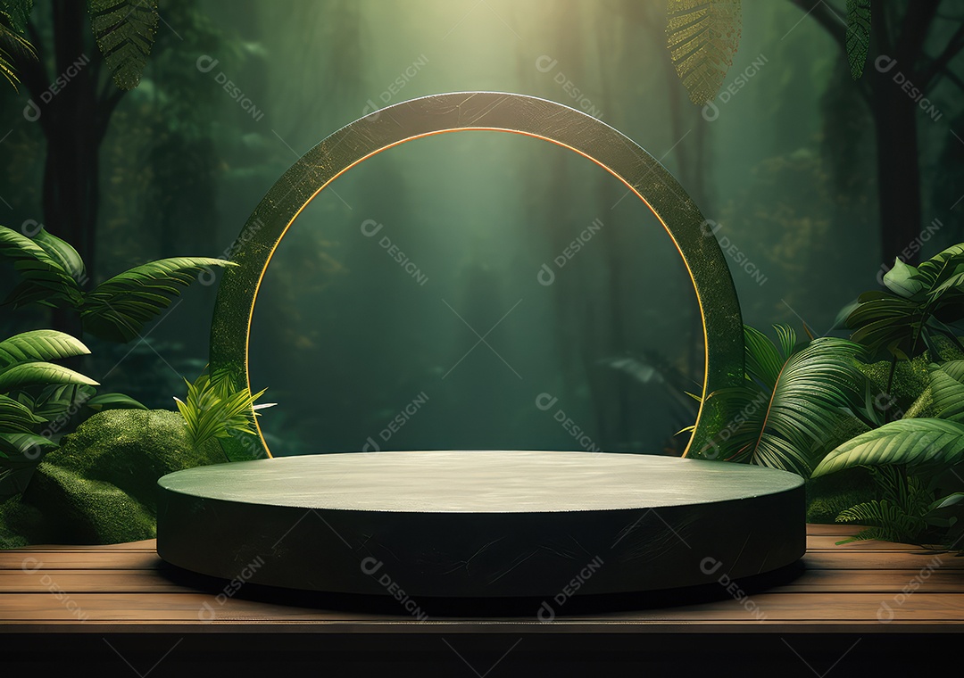 Exposição de produto de palco de pódio redondo de cerâmica 3D com fundo de paisagem de cenário natural. IA Gerativa