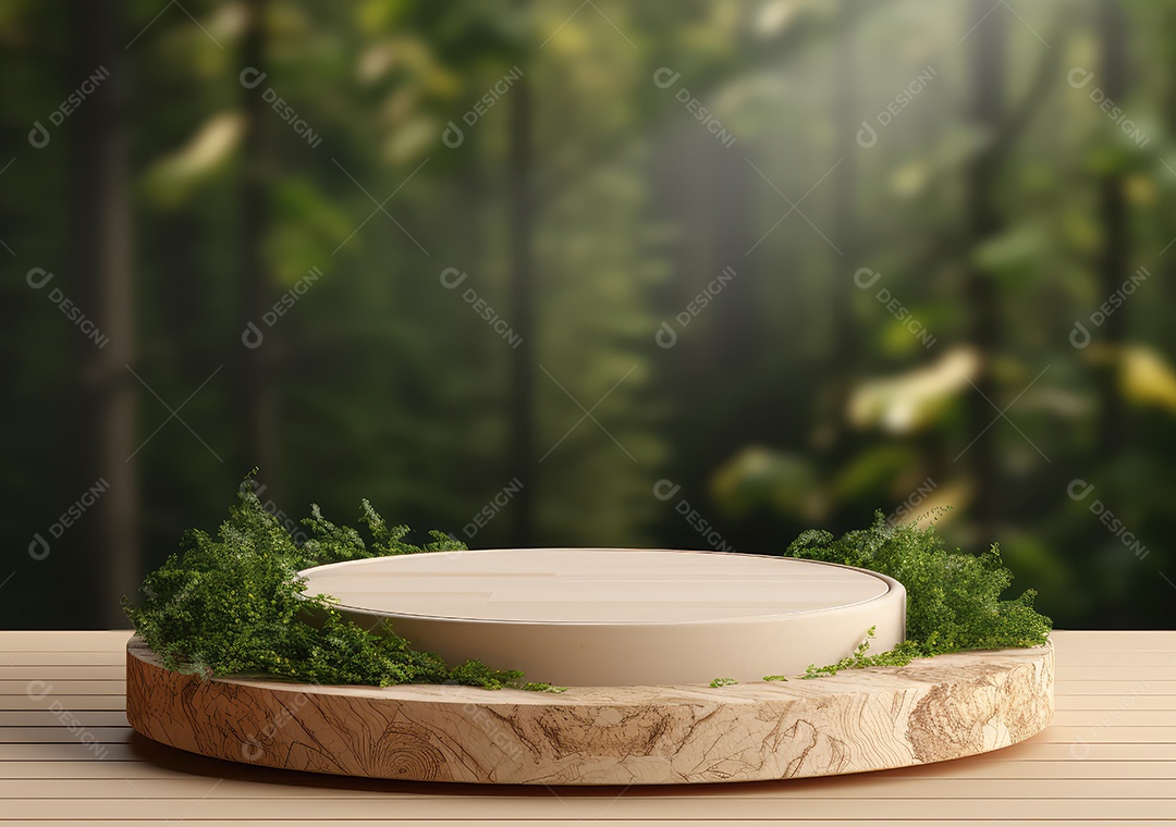 Exposição de produto de palco de pódio redondo de cerâmica 3D com fundo de paisagem de cenário natural. IA Gerativa