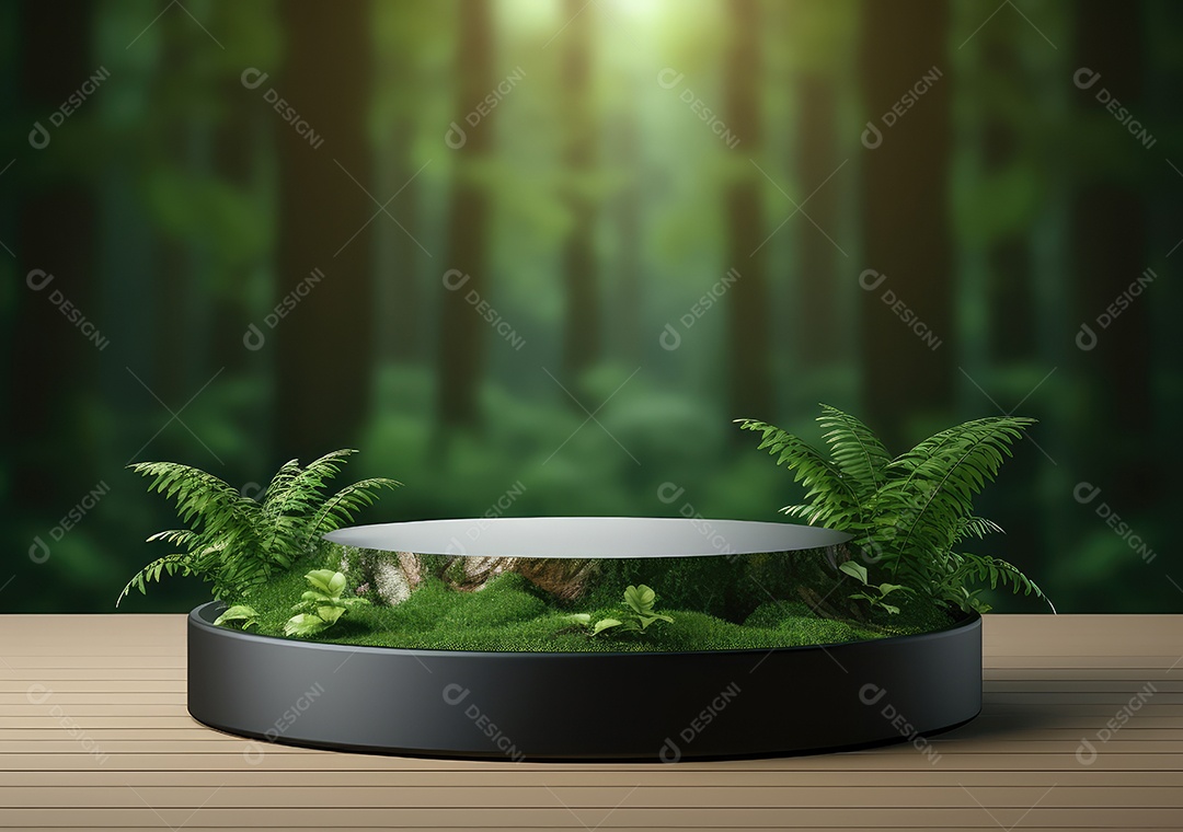 Exposição de produto de palco de pódio redondo de cerâmica 3D com fundo de paisagem de cenário natural. IA Gerativa