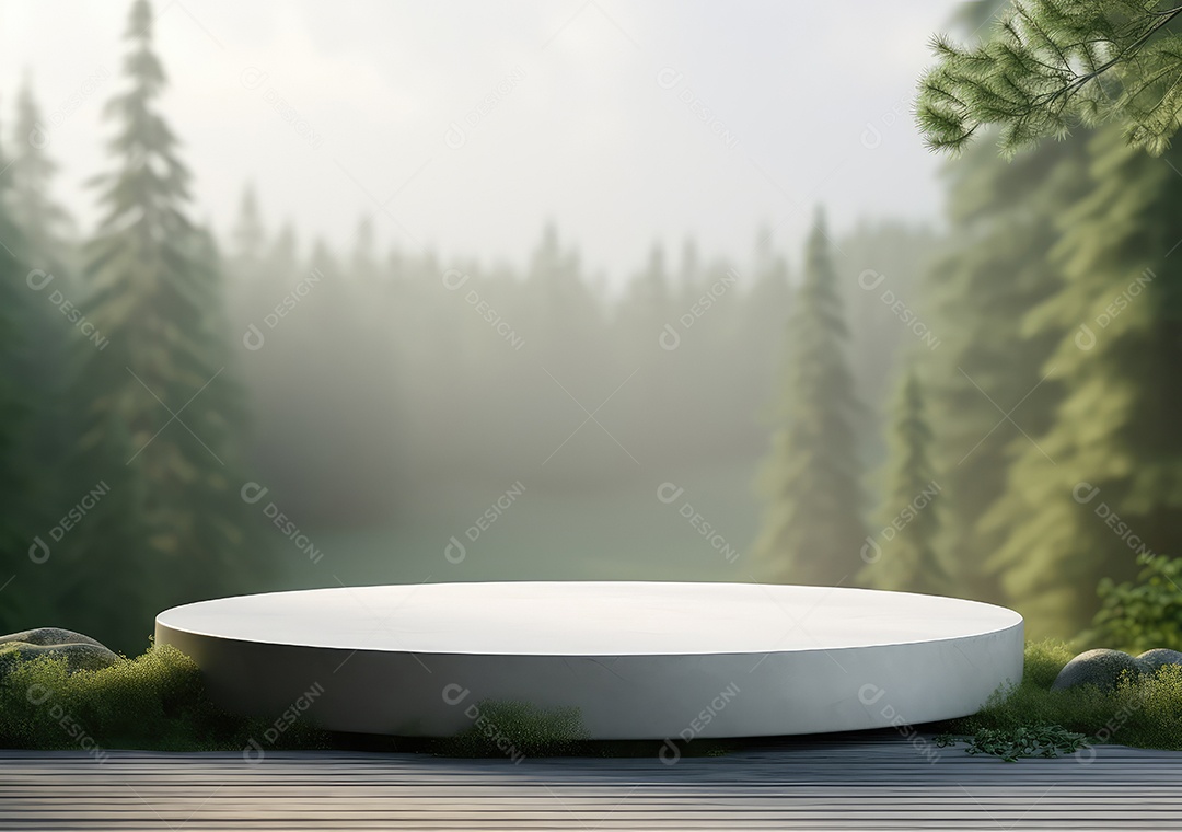 Exposição de produto de palco de pódio redondo de cerâmica 3D com fundo de paisagem de cenário natural. IA Gerativa