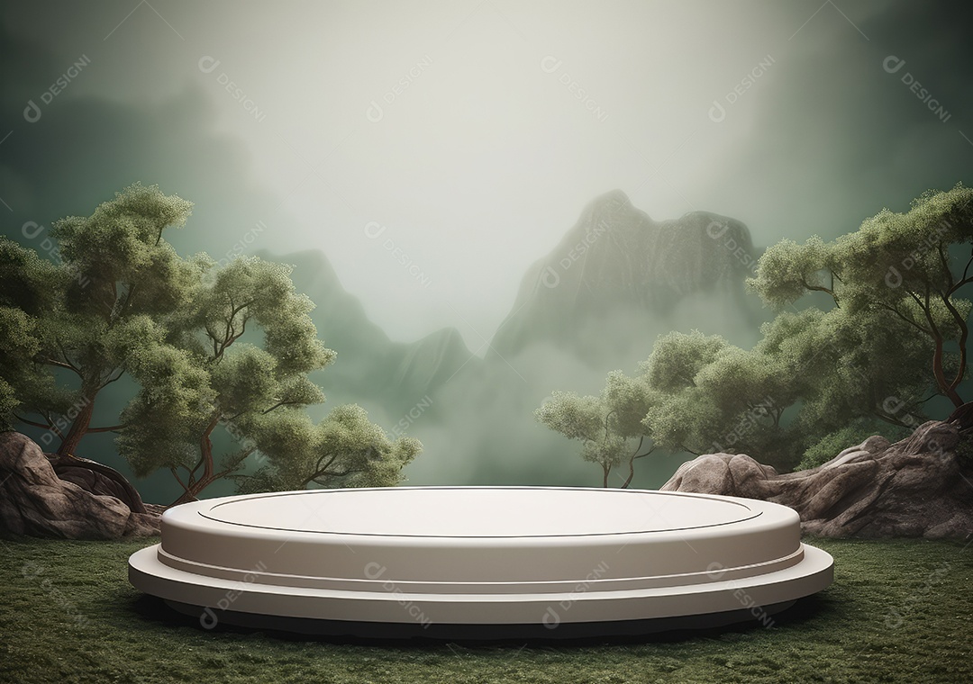 Exposição de produto de palco de pódio redondo de cerâmica 3D com fundo de paisagem de cenário natural. IA Gerativa