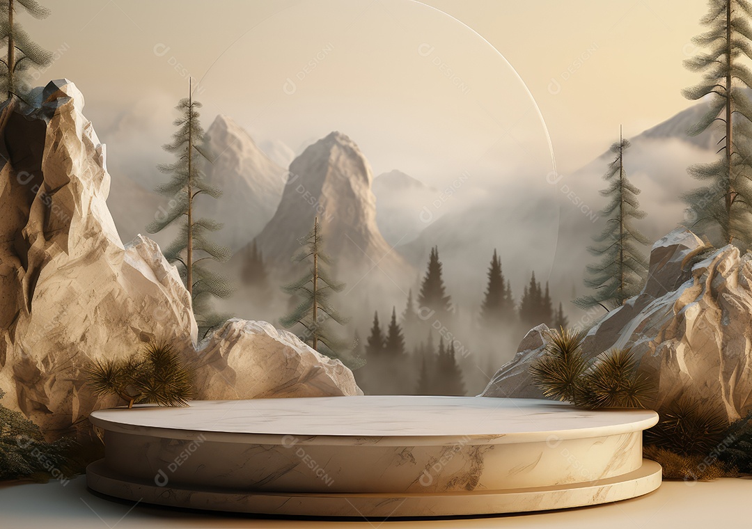 Exposição de produto de palco de pódio redondo de cerâmica 3D com fundo de paisagem de cenário natural. IA Gerativa