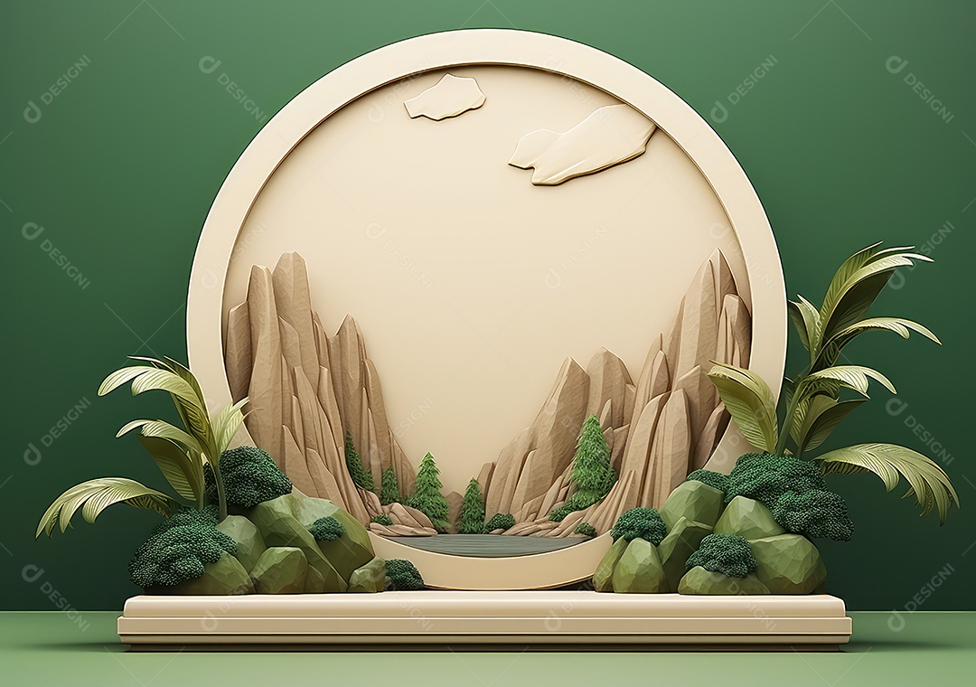 Exposição de produto de palco de pódio redondo de cerâmica 3D com fundo de paisagem de cenário natural. IA Gerativa
