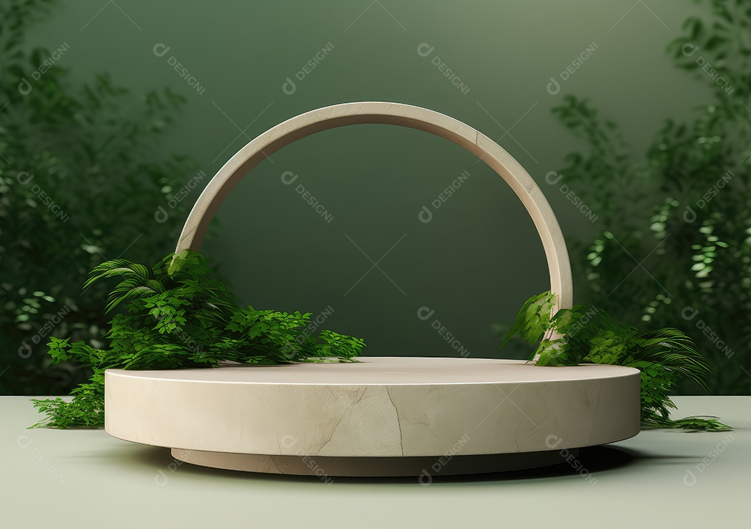 Exposição de produto de palco de pódio redondo de cerâmica 3D com fundo de paisagem de cenário natural. IA Gerativa