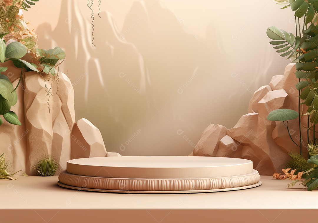 Exposição de produto de palco de pódio redondo de cerâmica 3D com fundo de paisagem de cenário natural. IA Gerativa