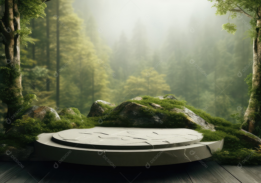 Exposição de produto de palco de pódio redondo de cerâmica 3D com fundo de paisagem de cenário natural. IA Gerativa