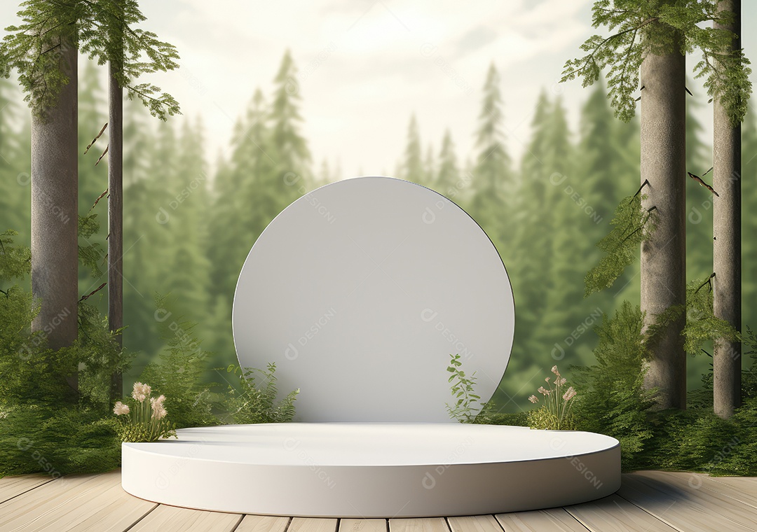Exposição de produto de palco de pódio redondo de cerâmica 3D com fundo de paisagem de cenário natural. IA Gerativa