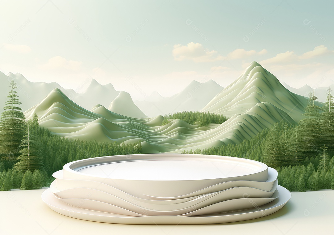 Exposição de produto de palco de pódio redondo de cerâmica 3D com fundo de paisagem de cenário natural. IA Gerativa