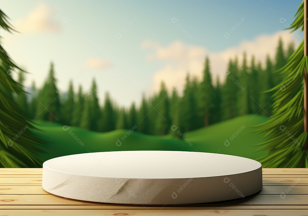 Exposição de produto de palco de pódio redondo de cerâmica 3D com fundo de paisagem de cenário natural. IA Gerativa
