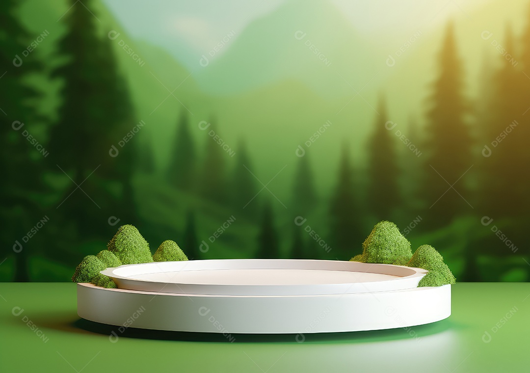 Exposição de produto de palco de pódio redondo de cerâmica 3D com fundo de paisagem de cenário natural. IA Gerativa