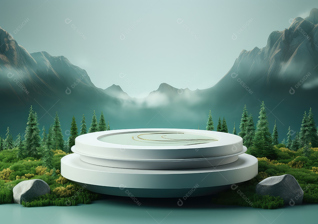 Exposição de produto de palco de pódio redondo de cerâmica 3D com fundo de paisagem de cenário natural. IA Gerativa