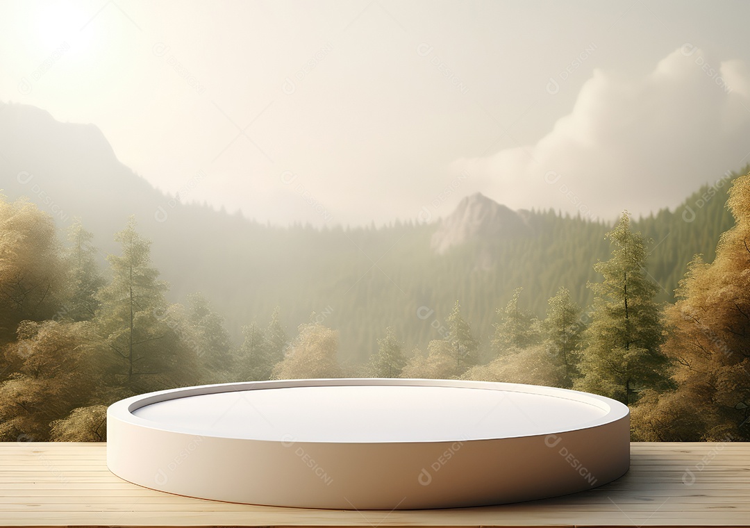 Exposição de produto de palco de pódio redondo de cerâmica 3D com fundo de paisagem de cenário natural. IA Gerativa