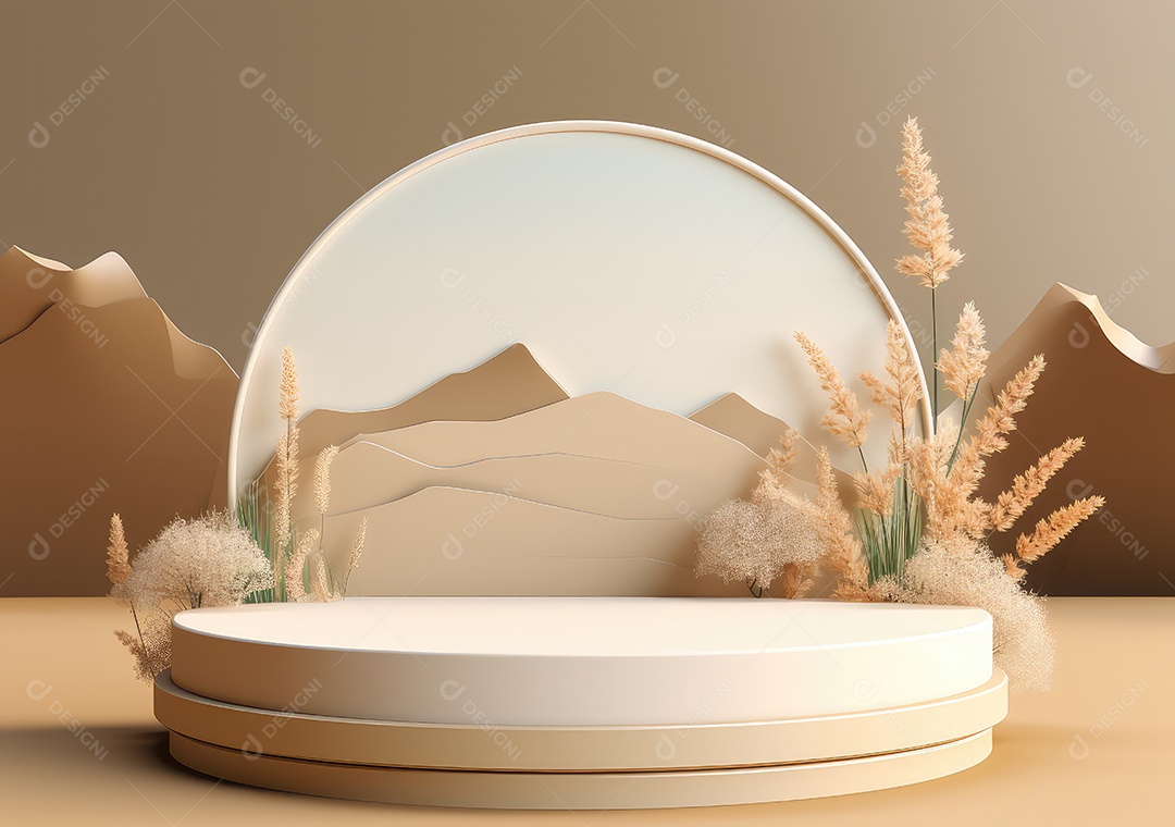 Exposição de produto de palco de pódio redondo de cerâmica 3D com fundo de paisagem de cenário natural. IA Gerativa