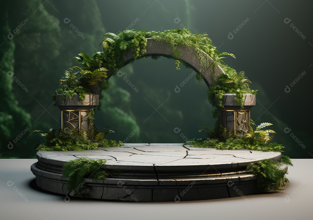 Exposição de produto de palco de pódio redondo de cerâmica 3D com fundo de paisagem de cenário natural. IA Gerativa