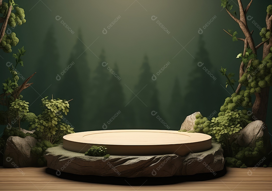 Exposição de produto de palco de pódio redondo de cerâmica 3D com fundo de paisagem de cenário natural. IA Gerativa