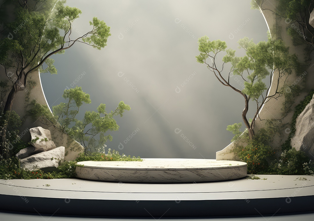 Exposição de produto de palco de pódio redondo de cerâmica 3D com fundo de paisagem de cenário natural. IA Gerativa