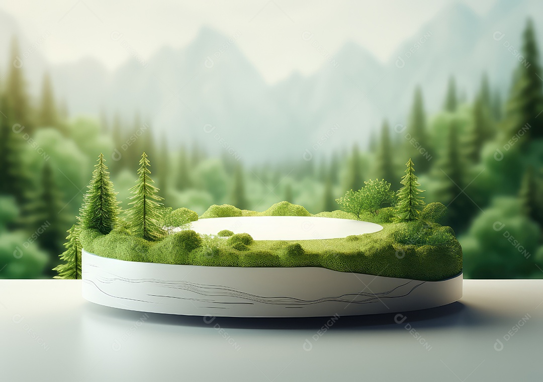 Exposição de produto de palco de pódio redondo de cerâmica 3D com fundo de paisagem de cenário natural. IA Gerativa