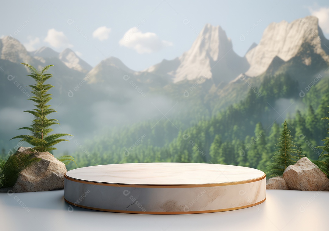 Exposição de produto de palco de pódio redondo de cerâmica 3D com fundo de paisagem de cenário natural. IA Gerativa