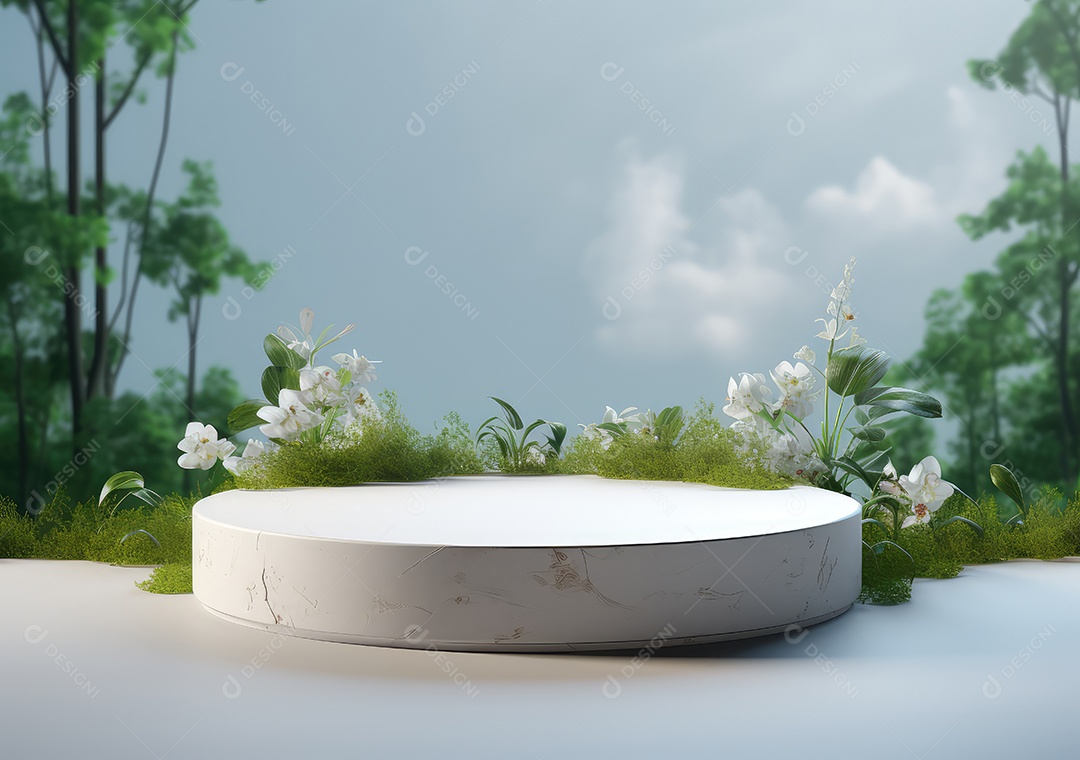 Exposição de produto de palco de pódio redondo de cerâmica 3D com fundo de paisagem de cenário natural. IA Gerativa