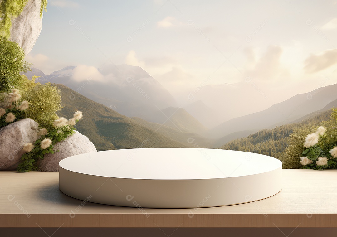 Exposição de produto de palco de pódio redondo de cerâmica 3D com fundo de paisagem de cenário natural. IA Gerativa