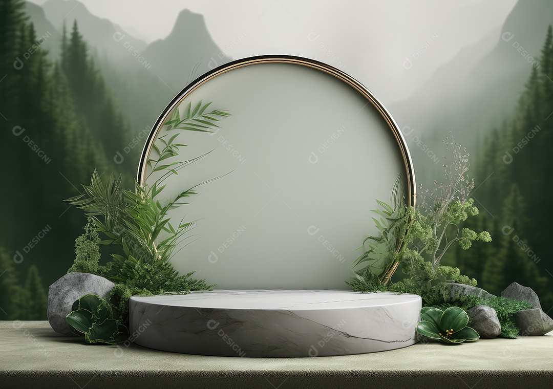 Exposição de produto de palco de pódio redondo de cerâmica 3D com fundo de paisagem de cenário natural. IA Gerativa