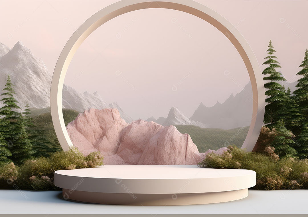 Exposição de produto de palco de pódio redondo de cerâmica 3D com fundo de paisagem de cenário natural. IA Gerativa