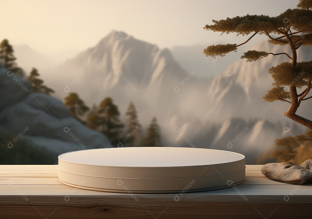 Exposição de produto de palco de pódio redondo de cerâmica 3D com fundo de paisagem de cenário natural. IA Gerativa